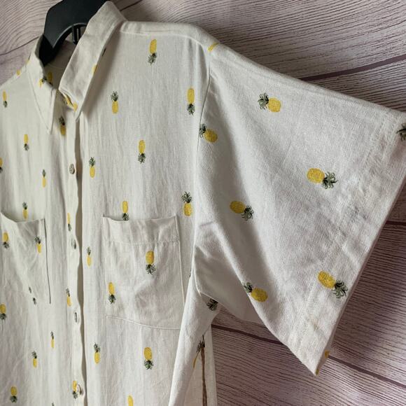 Rae Dunn Women's Linen Pineapple Print Button Up Shirt Short Sleeve Collar Large - Picture 6 of 16